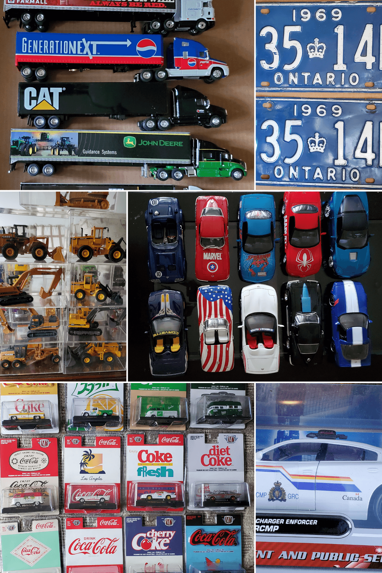 A collage of collectible die-cast cars, including NASCAR and Volkswagen models.
