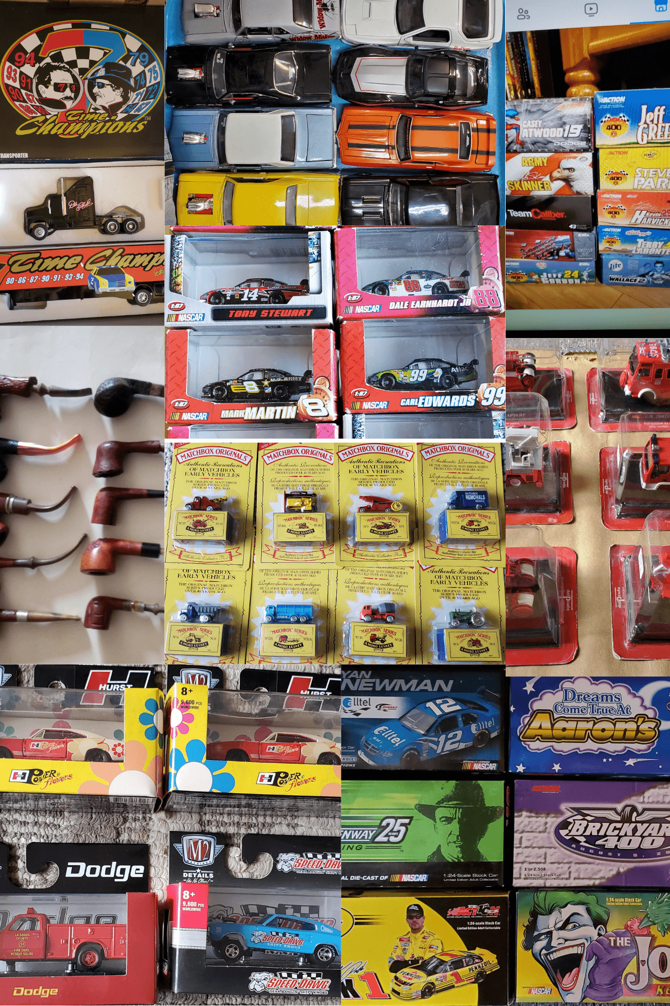 A collage of various collectibles, including toy trucks, license plates, and themed cars.