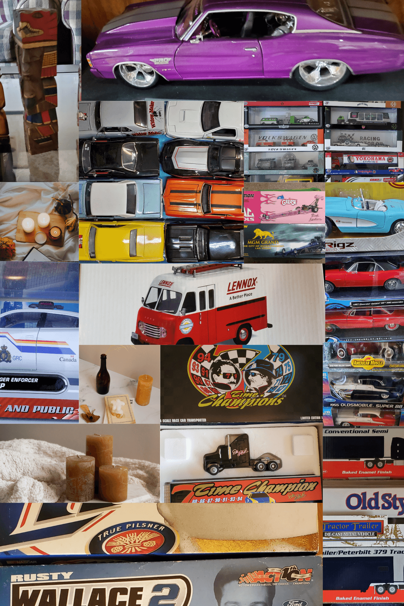 A collage featuring NASCAR memorabilia, collectible pipes, and vintage Matchbox cars.