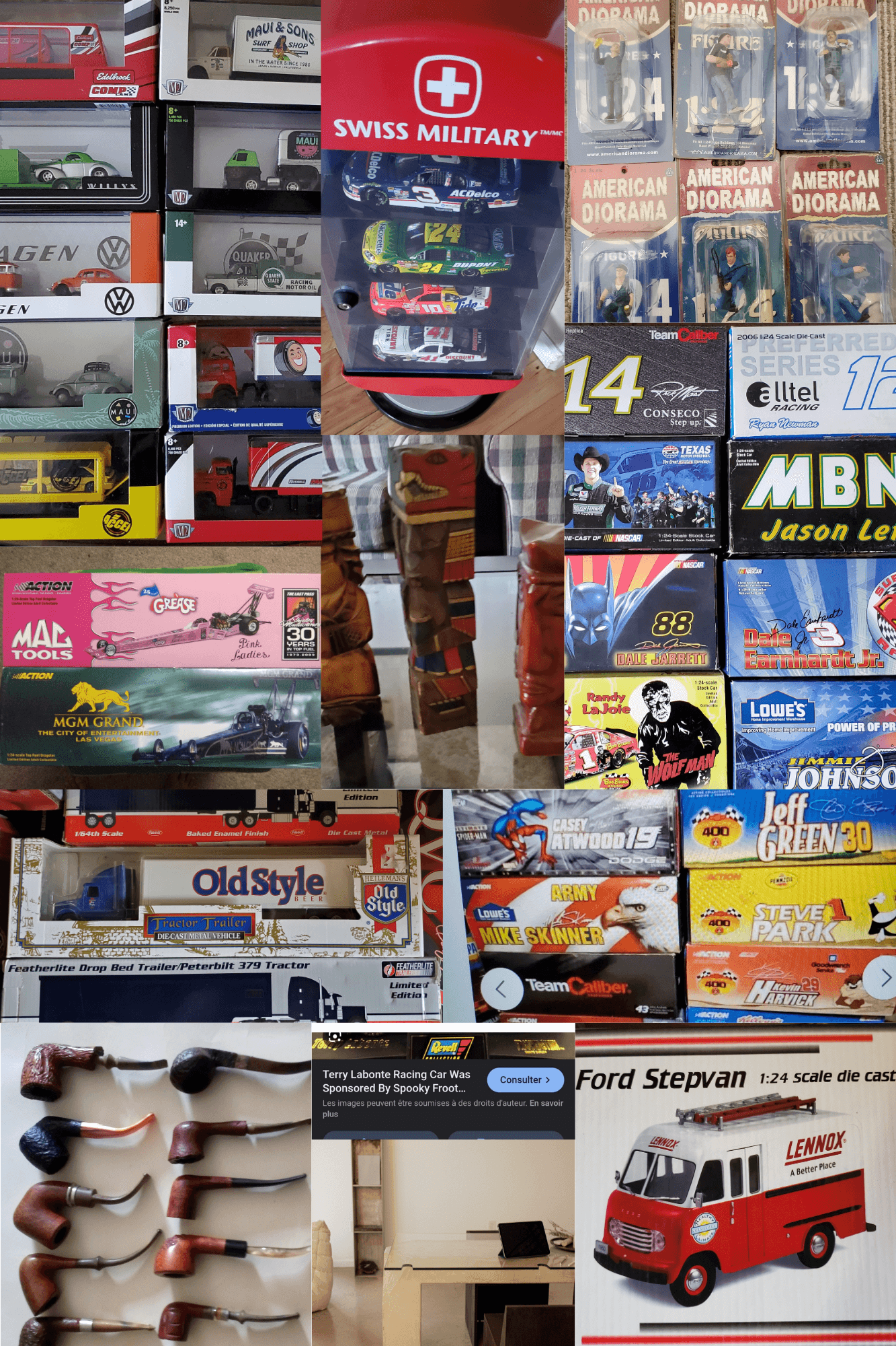 A diverse collage of items including a purple model car, candles, and vintage toy packaging.